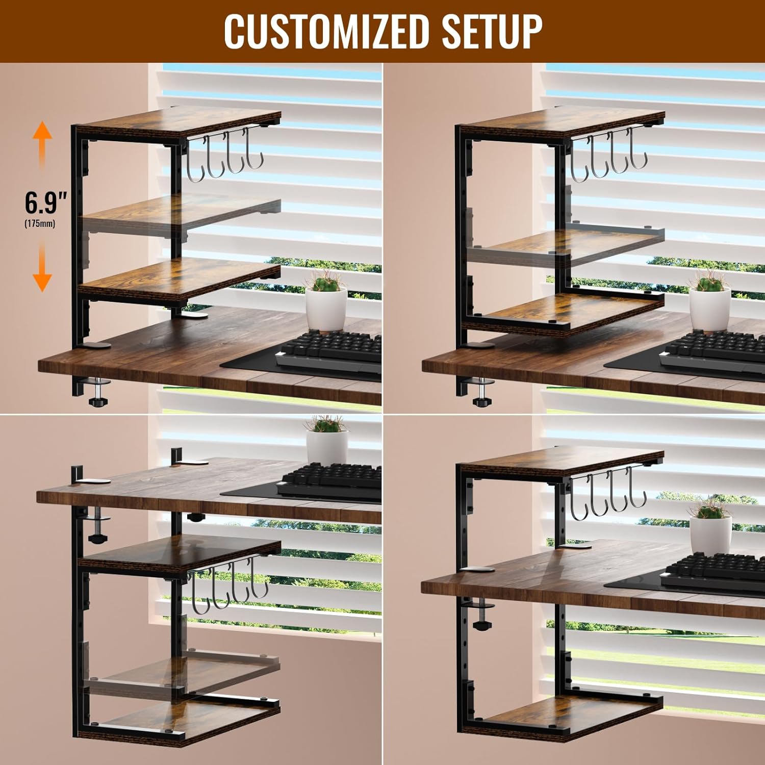 Clamp-On Desk Organizer Shelf, 13 inch Adjustable Height and Versatile Hook, Above or Below Desk 2-Tier Shelving, Shelving for Table Accessories, Gaming Devices, and More image 4 of 6 B0F9KTHN81