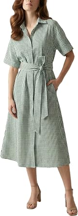 Womens Gingham Seersucker Short Sleeve Button Down Belted Midi Casual Shirt Dress with Pockets