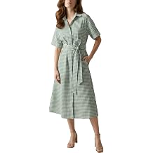 Womens Gingham Seersucker Short Sleeve Button Down Belted Midi Casual Shirt Dress with Pockets