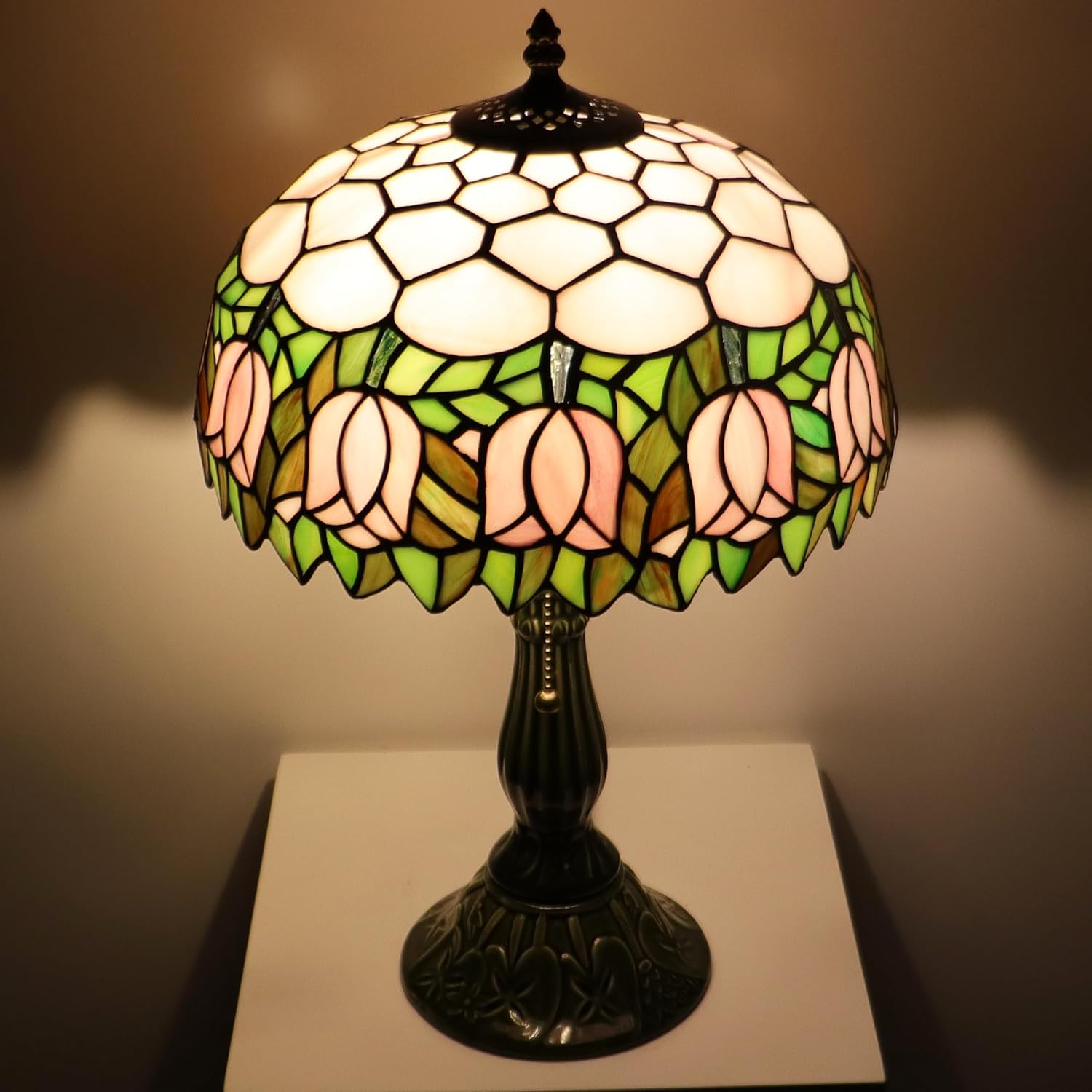 Tiffany Lamp Stained Glass Table Lamps Pink Tulip Style Desk Lamp 12X12X18.5 Inch Bronze Ceramic Base Reading Light Suitable for Bedside Bedroom Living Room Dining Room Office