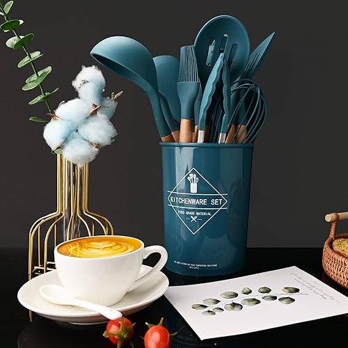 Miniatura 3 de JASHII Juego de utensilios de silicona azul, 12 piezas, utensilios de cocina, antiadherentes, resistentes al calor con mango de madera, espátula de