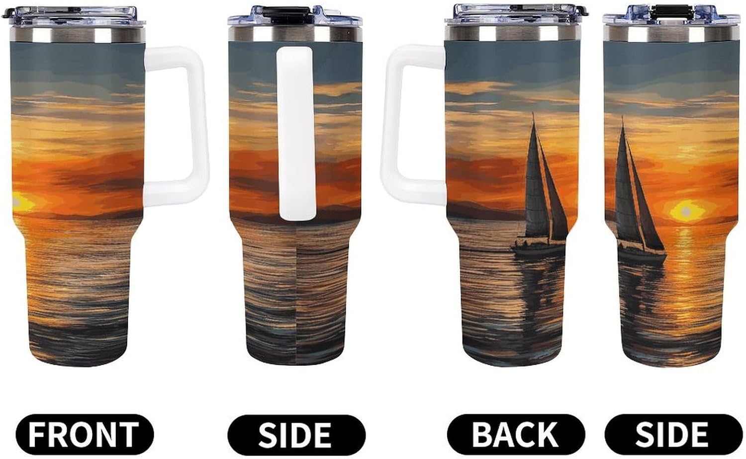40 Oz Insulated Mug with Handle, Stainless Steel Sunrise Sailing Boat Printed Travel Mug Portable Leak-proof Large Car Mug for Home, Office Or Car