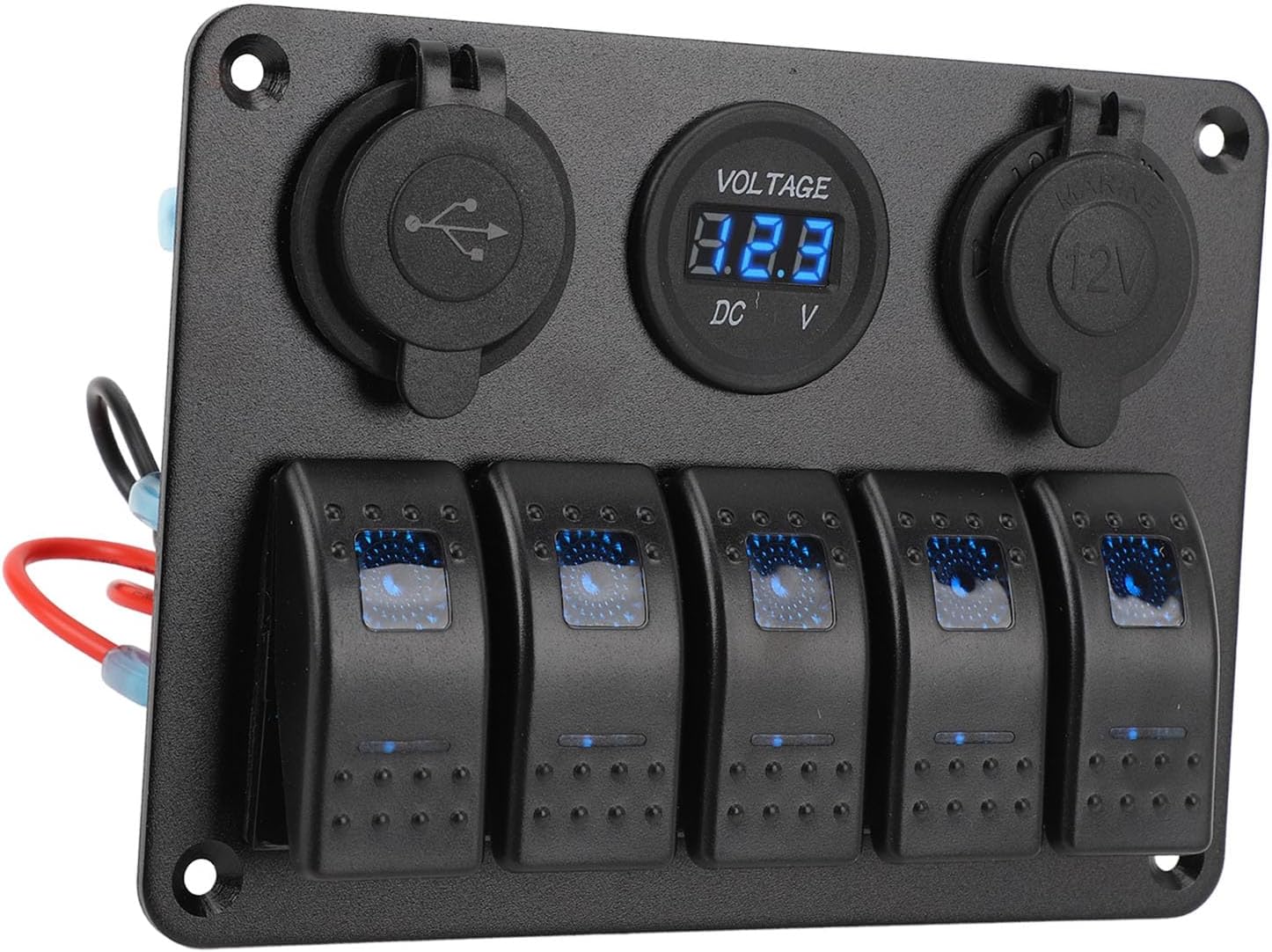 5 Gang Rocker Switch Panel Aluminum Alloy IP65 Prewired with Dual USB Cigar Lighter Socket Voltmeter for Marine RV Truck Boat (Blue)