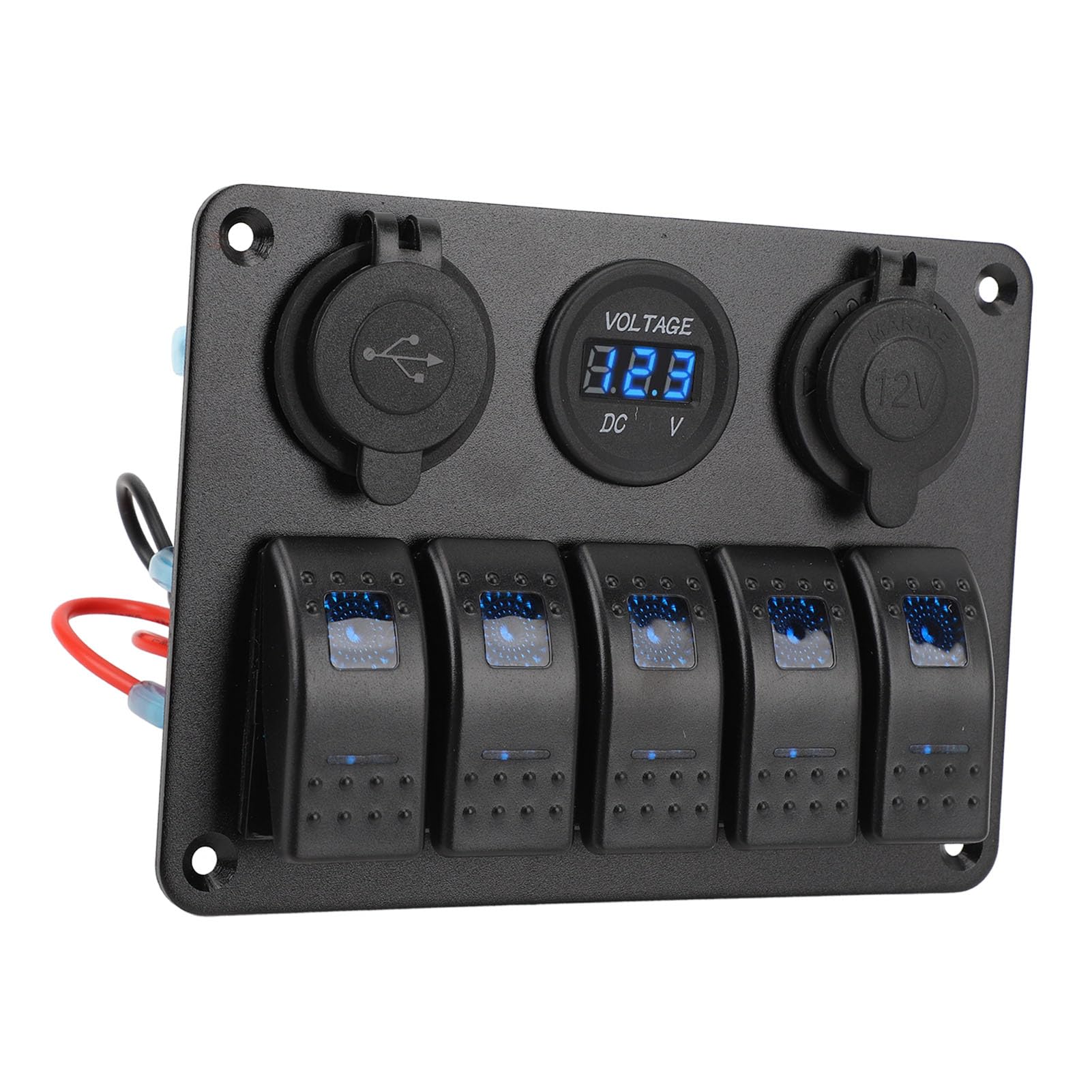 Pannello Interruttori a Bilanciere Marino a 5 Gruppi Pannello Interruttori Impermeabile in Lega di Alluminio 12V a 24V con Porte USB Voltmetro per Barche, e Veicoli (BLUE)