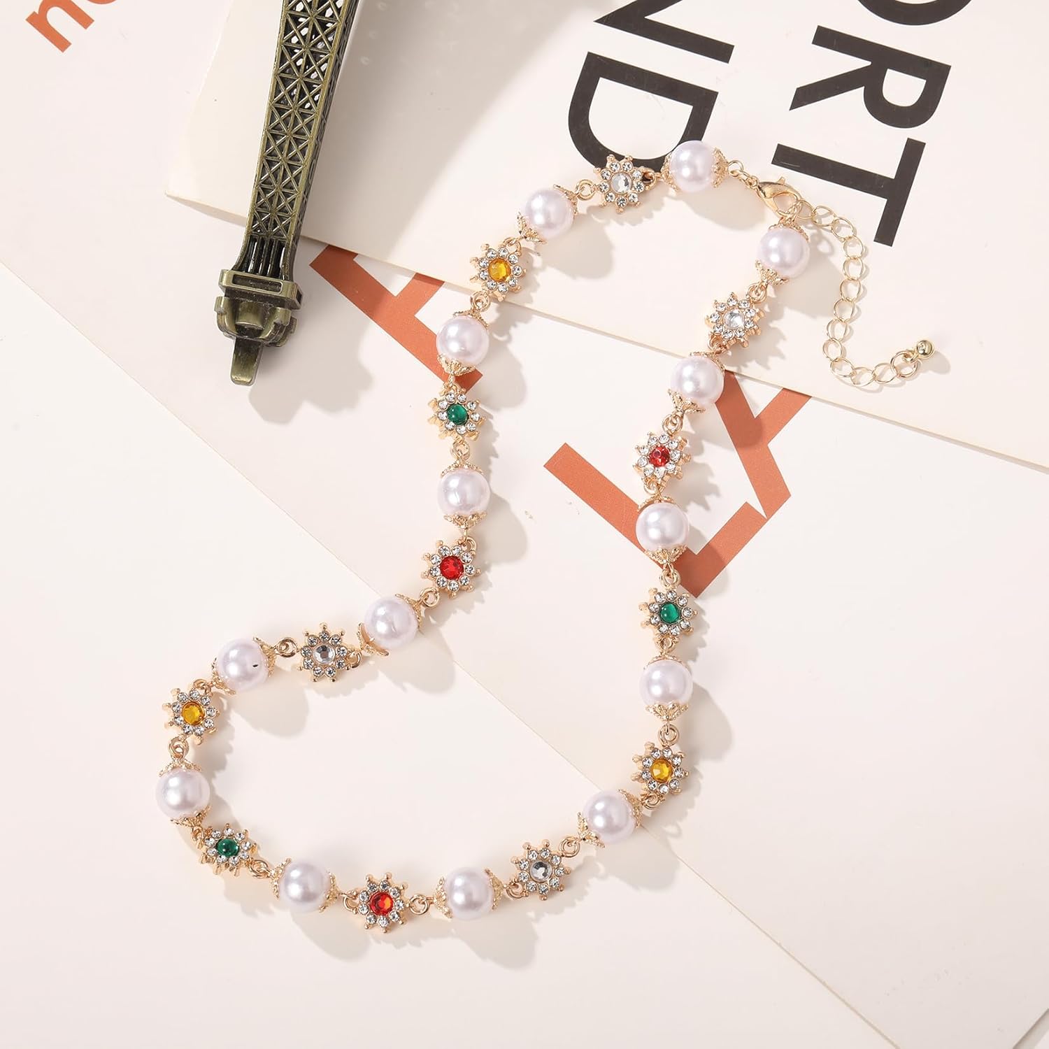 Pearl Choker Necklaces for Women,Gold Choker with Crystal Flower,Vintage Necklace Gift Dainty Pearl Statement Necklace for Women - Image 3