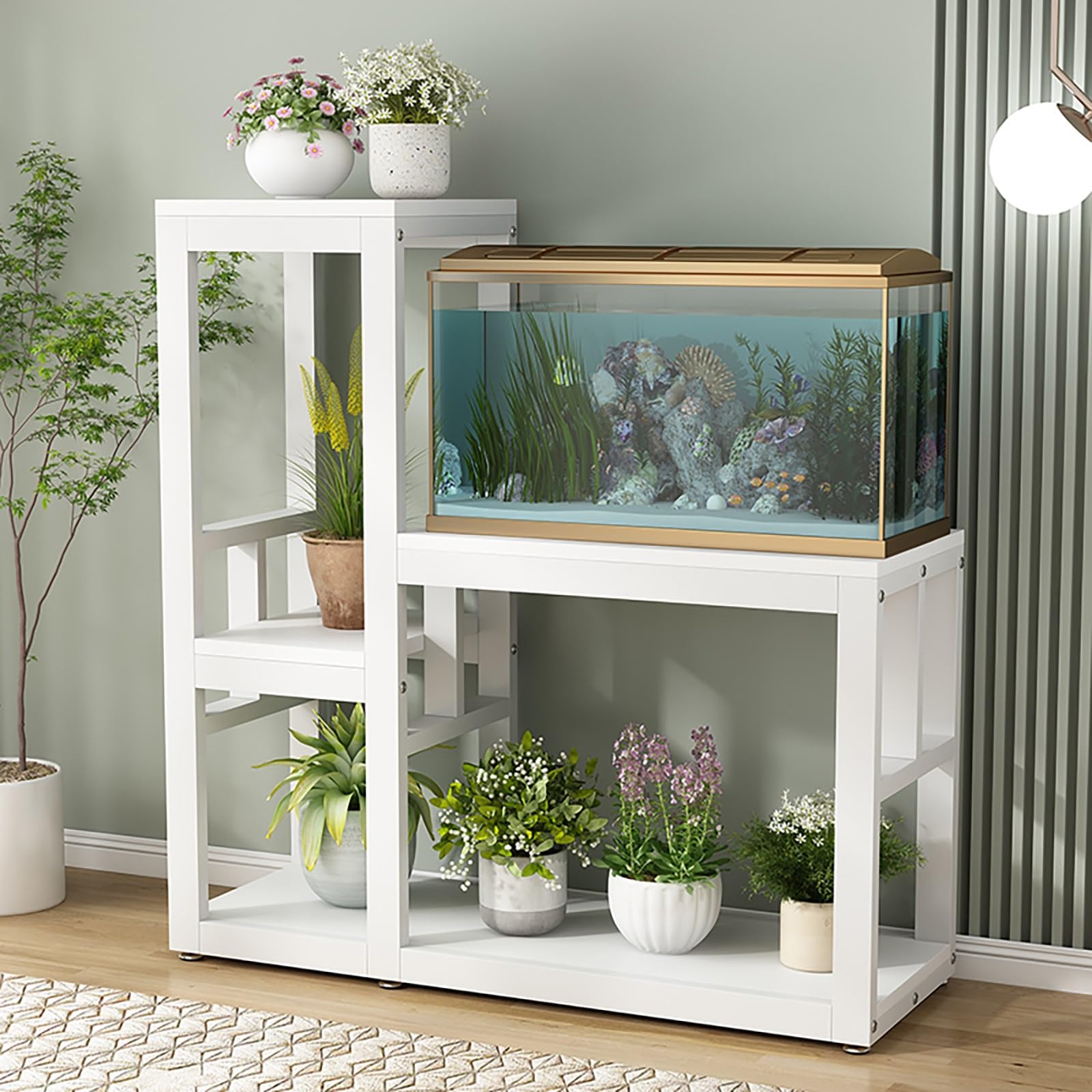 Supporto per Acquario in Legno Massello per 200L Mobile Acquario a Due Ripiani Supporto Robusto per Rettili Scaffale Portaoggetti Multifunzione per Casa Ufficio Studio(White,LxH90x40cm/35x16)