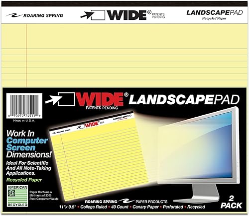 ROARING SPRING Wide Landscape Legal Pad, amarillo canario, 2 blocs, 11 x 9.5 pulgadas, a rayas universitarias con margen, papel reciclado de 20