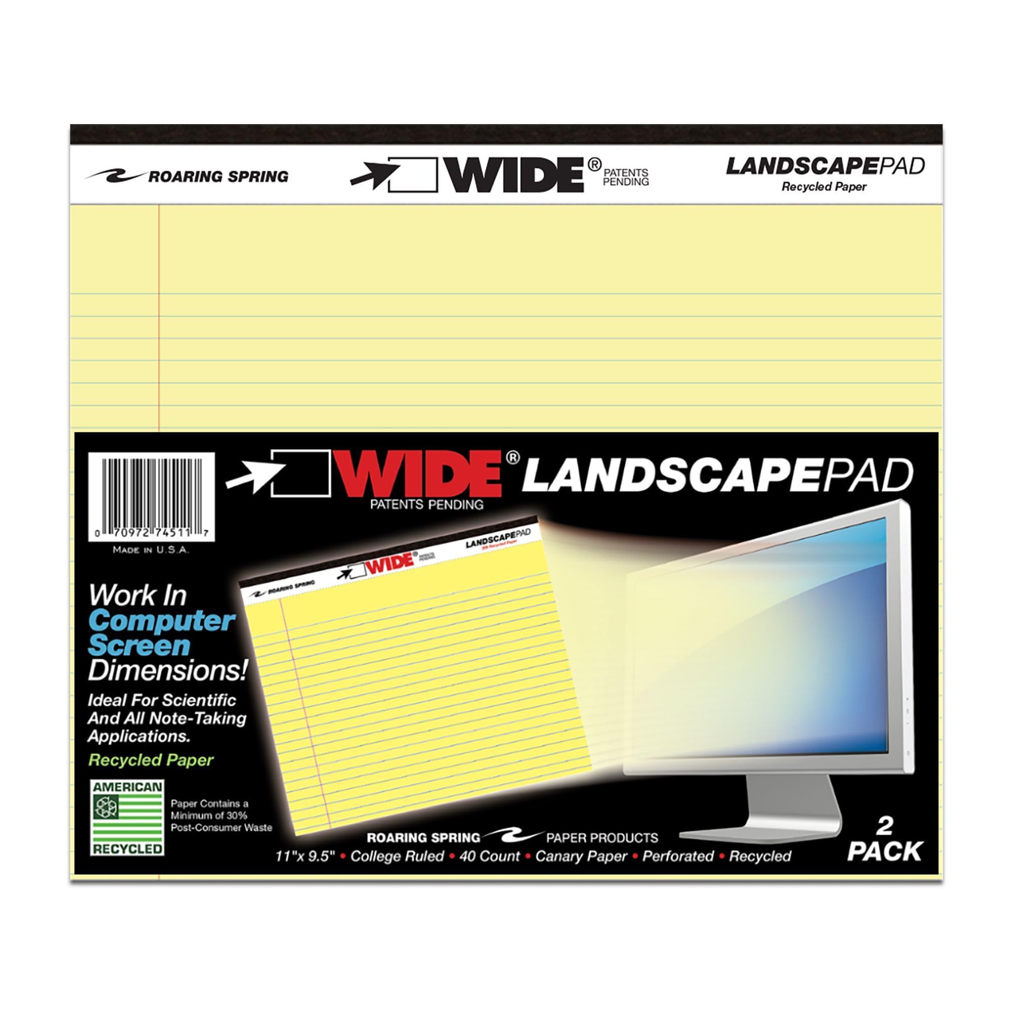 ROARING SPRING Wide Landscape Legal Pad, Canary Yellow, 2 Pads, 11" x 9.5", College-Ruled with Margin, 20 lb Recycled Paper, 40 Perforated Sheets, Made in USA