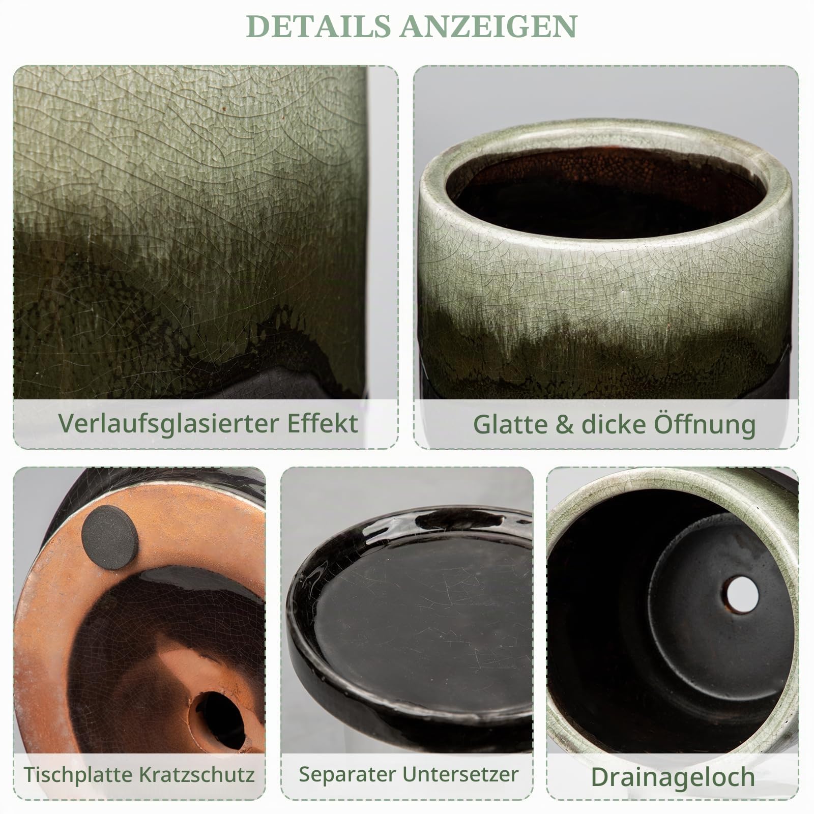 Oairse Keramiktopf für Pflanzen, 13 cm, Keramik-Pflanzgefäß, dekorativer kleiner Topf mit Ablaufloch und Untersetzern, Farbverlauf, schwarz, für den Außenbereich, Inoor-Blumentopf für Sukkulenten