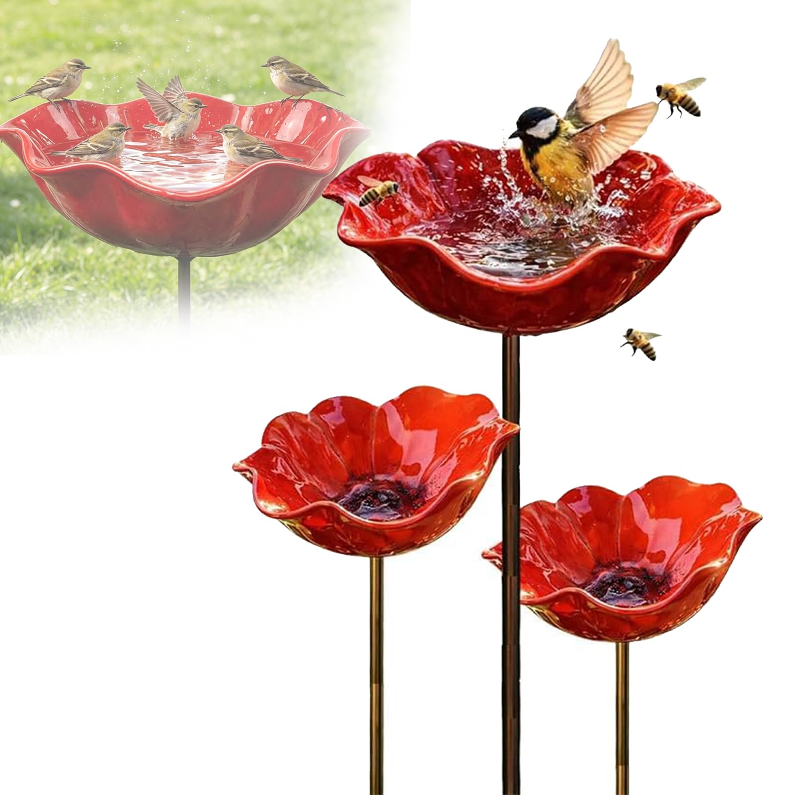 Handmade Metal Flower Garden Stake Bird Bath,Bird Baths For Outdoors Garden,Flower-Shaped Bee Watering Station,Bee Watering Flowers Stake Station,Colorful Butterfly Bee Bath Bowl for Outdoor (3pcs)
