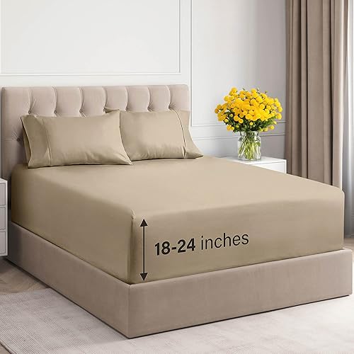 Juego de sábanas de 4 piezas con bolsillos extra profundos de 400 hilos, 100% algodón, 4 piezas, transpirable y refrescante, juego de sábanas de