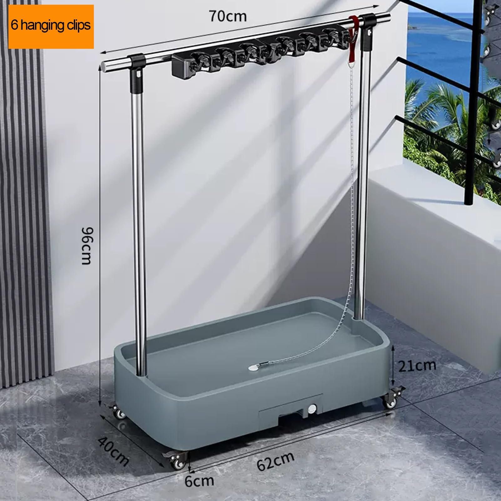 GOCHUSX Hanging Broom Mop Holder, Hand Trucks Broom, Movable Commercial Mop Rack, Cleaning Cart On Wheels, Tool Storage for Garage Garden Closet (Color : Silver, Size : 62x40x96cm(6slots))