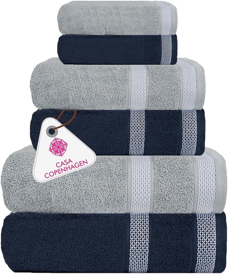 CASA COPENHAGEN Solitaire Mix 6 Pieces Towel Set- Grey Violet + Navy, 600 GSM 2Bath Towel 2Hand Towel 2Washcloth, Designed in Denmark Made of Soft Egyptian Cotton for Bathroom, Kitchen & Shower