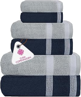 CASA COPENHAGEN Solitaire 6Pcs 100% Egyptian Cotton Large Designer Towels Gift Set- Grey Violet-Navy Blue, 600GSM, 2Bath 2Hand 2Washcloths, Bath Towels for Bathroom Set for Women & Men