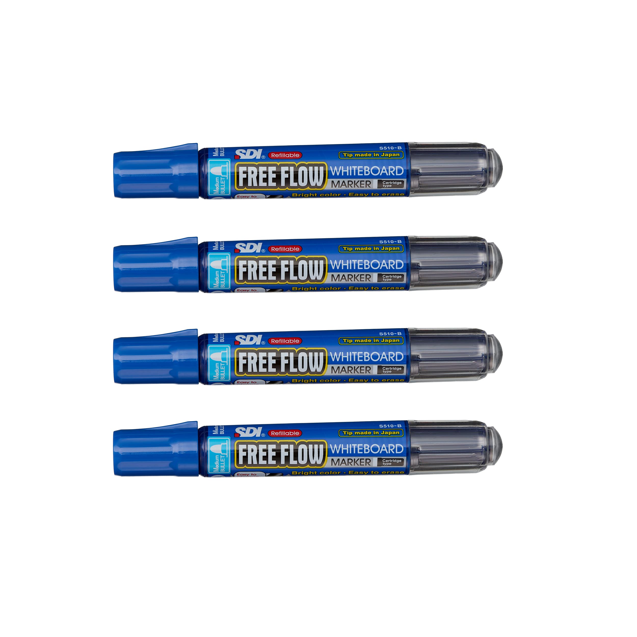 office box Pack 4 Rotulador AZUL para Pizarra Blanca FREE FLOW PREMIUM - REF.S510 - Recargable - 2.3 MM - Eco - Punta Cónica - Calidad SDI (4 Ud - Azul)