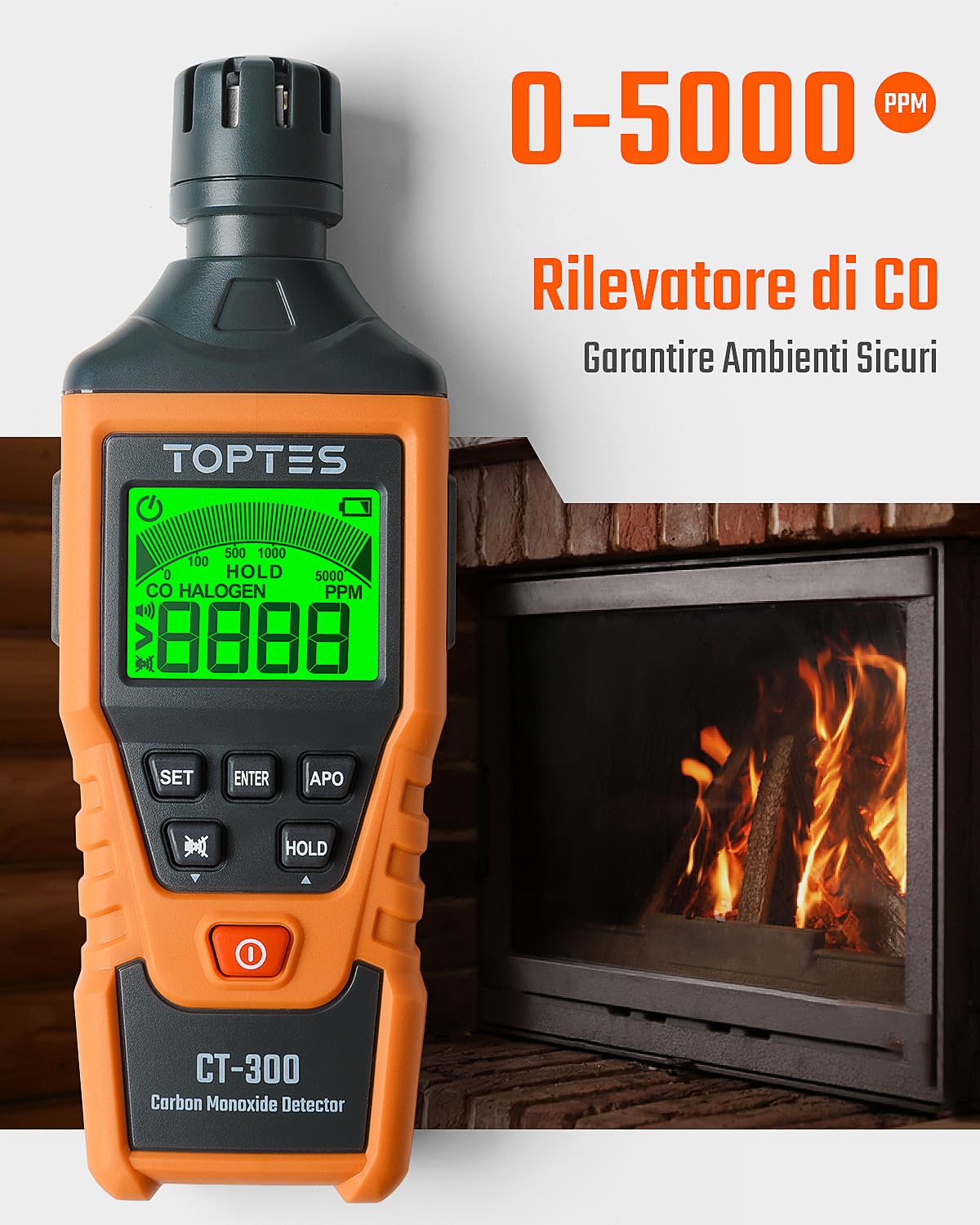Toptes CT-300 Rilevatore Monossido di Carbonio, Rilevatore di CO Allarme Acustico e Visivo, 0-5000 Ppm, Schermo LCD illuminato, Casa, Auto, Campeggio, Viaggi (Batteria Inclusa X3) - Arancione