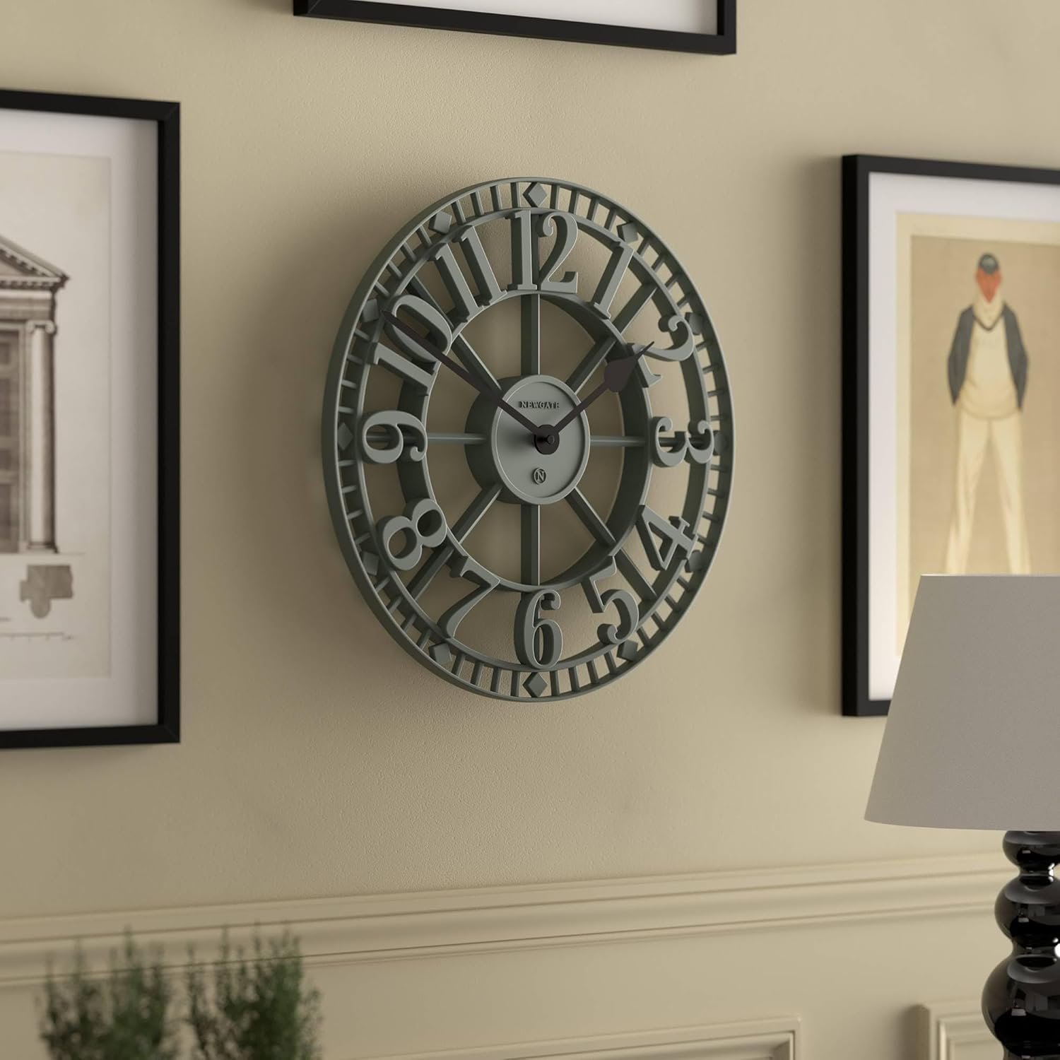 NEWGATE® Warehouse Wall Clock | Skeleton Clock | 16 inch | Asparagus Green with Black Hands | Contemporary Vintage Style for Kitchen, Living Room or Office