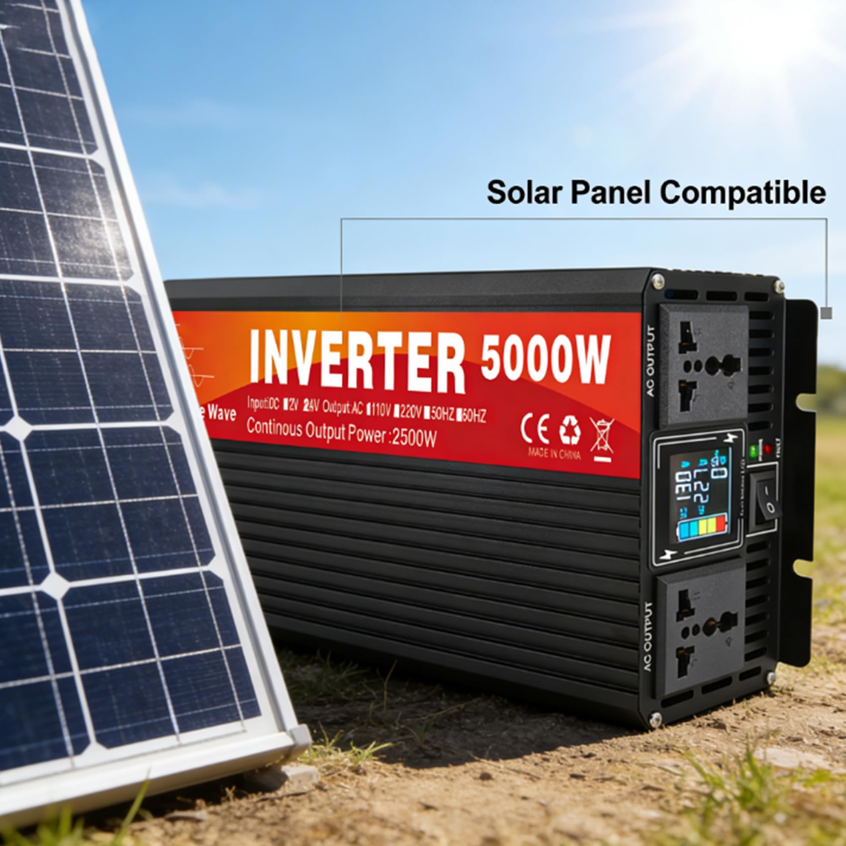 72v to 220v,72V DO 220V, Przenośny Inwerter Czystej Fali Sinusoidalnej 5000W z Podwójnym Gniazdkiem i Wyświetlaczem LCD 12V-72V DC na 120V/220V AC, Samochodowy Przetwornik Napięcia