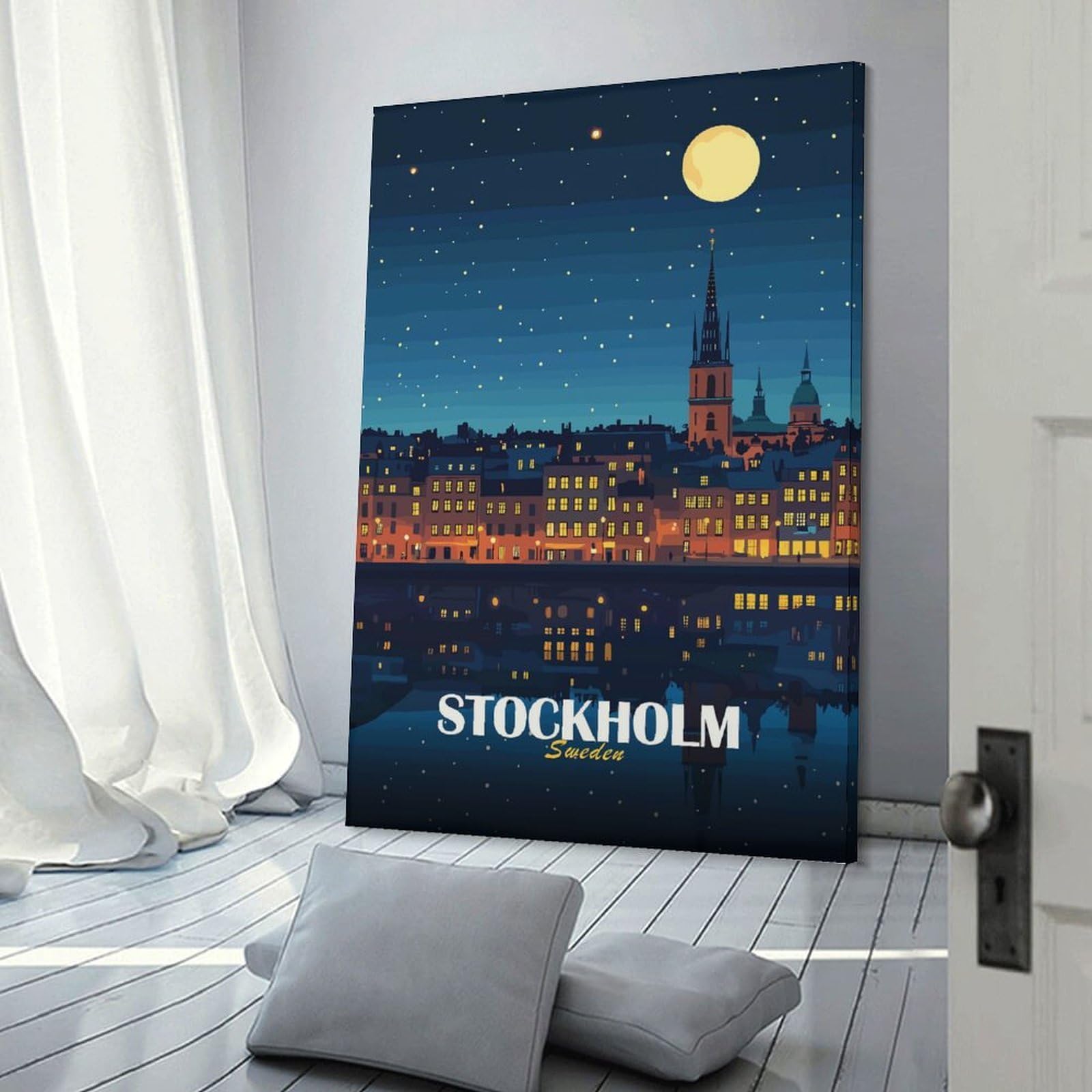 Junmoney Stockholm Sweden Night Cityscape Illustration Canvas Art Print, 24x36inch(60x90cm), for Living Room, Bedroom Or Home Office, A Wall Art Gift for Fresh Interiors
