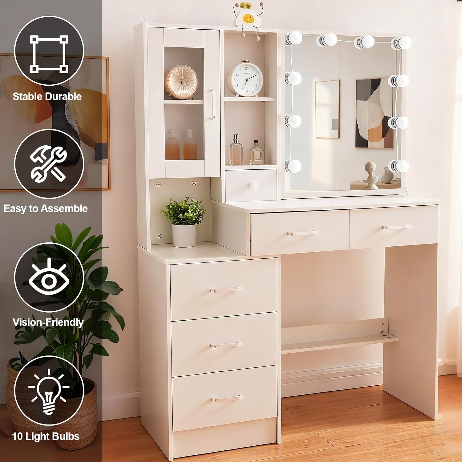 Vanity Desk with Mirror and Lights,Makeup Vanity 6 Drawers 8 Storage Shelves,3 Lighting Modes & Adjustable Brightness for Bedroom,White,39.5" L*15.8" W*55.2" H