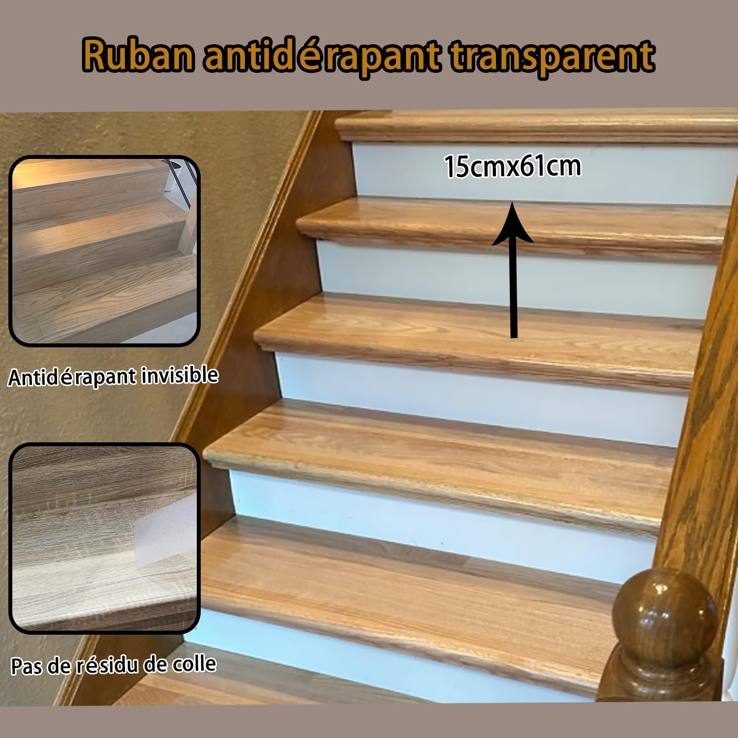CHUANGSEED 15 bandas 15 x 61 cm, cinta adhesiva transparente antideslizante escalera, tiras antideslizantes para madera escaleras y cuarto de baño, transparente antiderapant pegatina para caminar