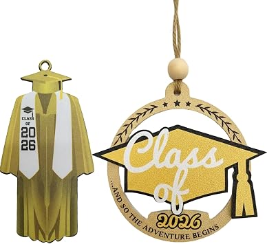 Class of 2026 3D Wood Graduation Cap with Acrylic Gown Hanging Ornament, Multiple Colors, Decorative Holiday Display, 3.5x0.7 Inches Gold