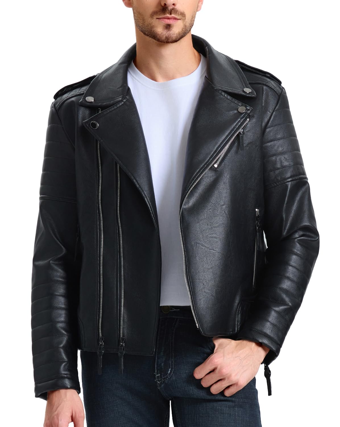 WULFUL Mens Leather Jackets Faux Bomber Jacket for Men Motorcycle Lapel Asymmetric Zip-Up Slim Fit Biker Coat