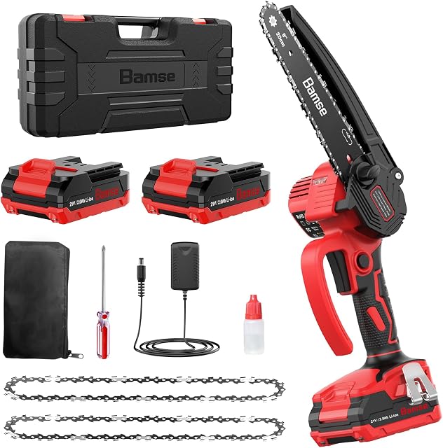 Bamse Mini Chainsaw 8 Inch, 2023 Upgraded Brushless Cordless Chainsaw with 2 Batteries 2000mAh, 2 Chains Battery Chainsaw, Electric Chainsaw for Garden Courtyard Tree Branch Wood Cutting