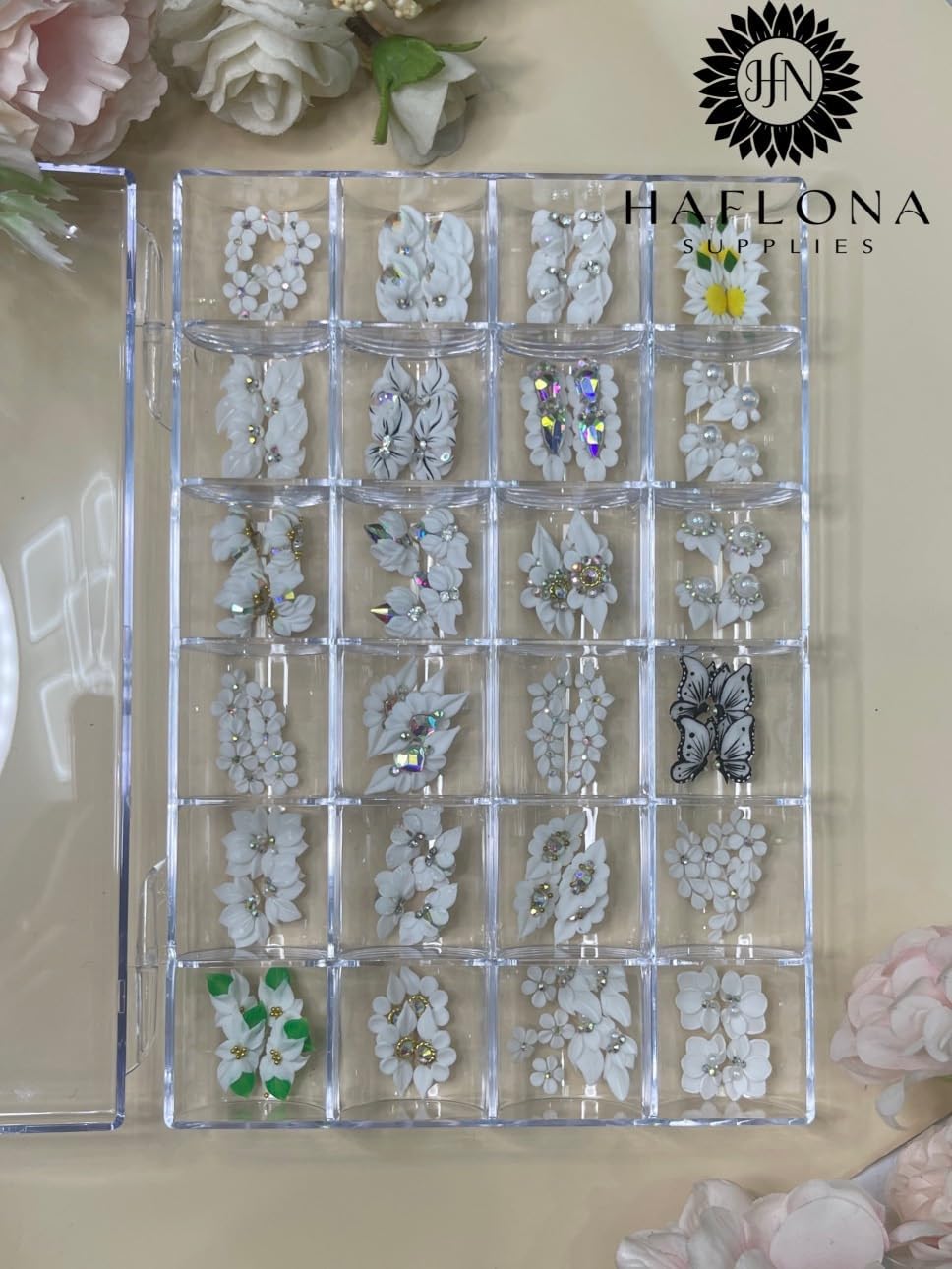 100-Piece 3D White Acrylic FLower Nail Art Decor Set - Handmade 3D Acrylic Flowers and Butterflies - Diverse Collection in One Box for Beautiful and Creative Nail Designs (Set 100 pcs Box White)