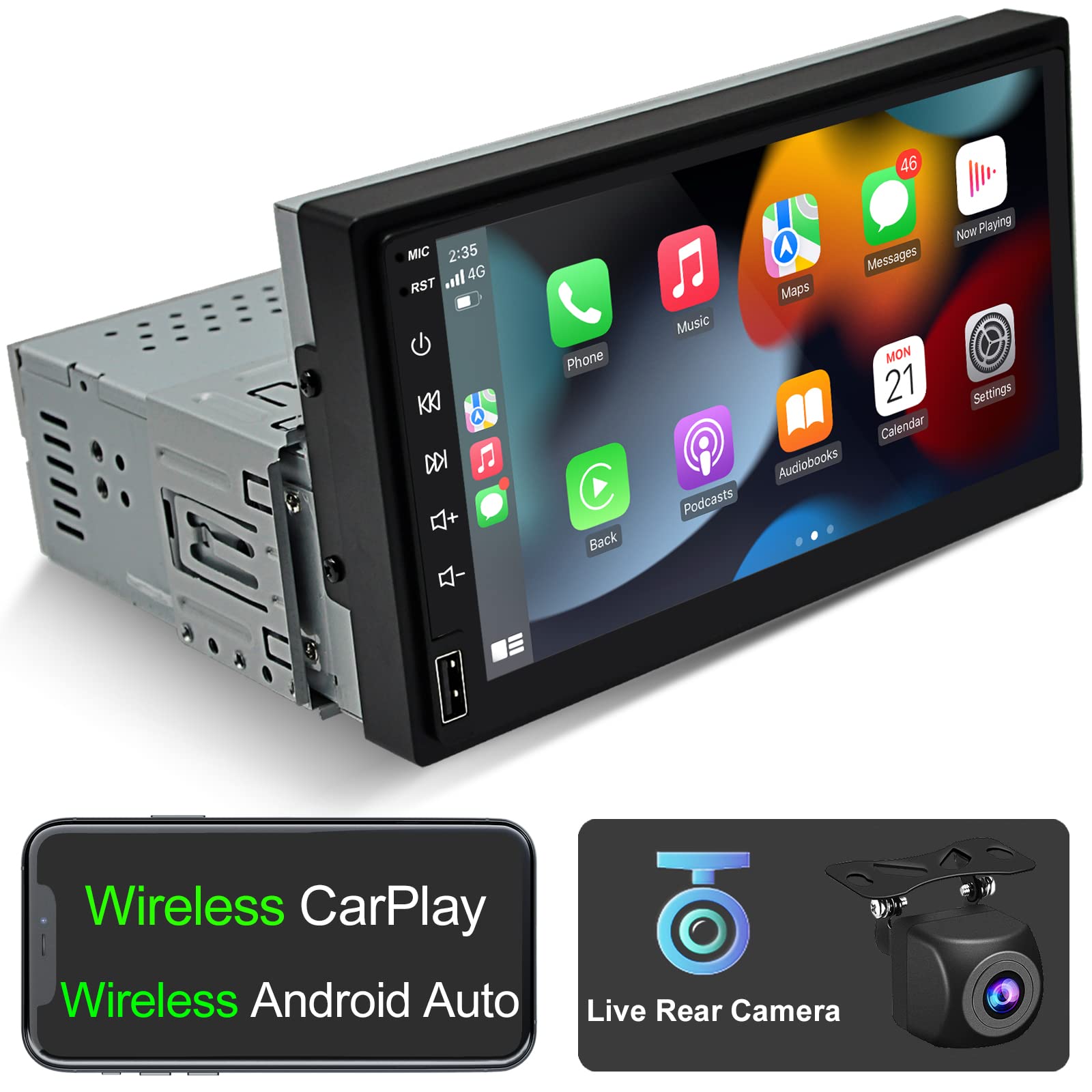 Buy IYING Car Stereo Wireless CarPlay Wireless Android Auto Single Din Car Radio with Live Rear