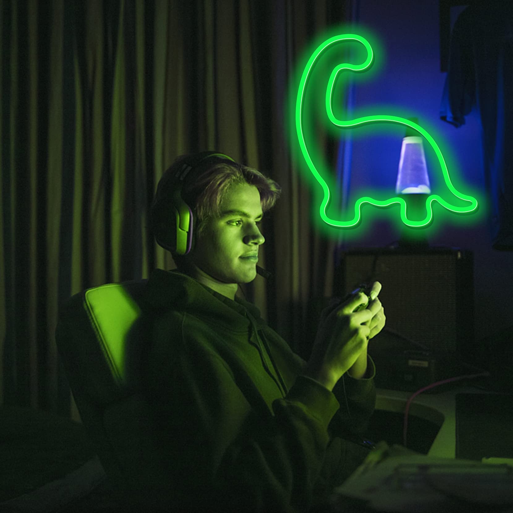 Carino Dinosauro a LED Neon Luce per Bambini Regali di Dinosauro Neon segni alimentati per Bambini per Bambini Decorazioni da Parete,Verde