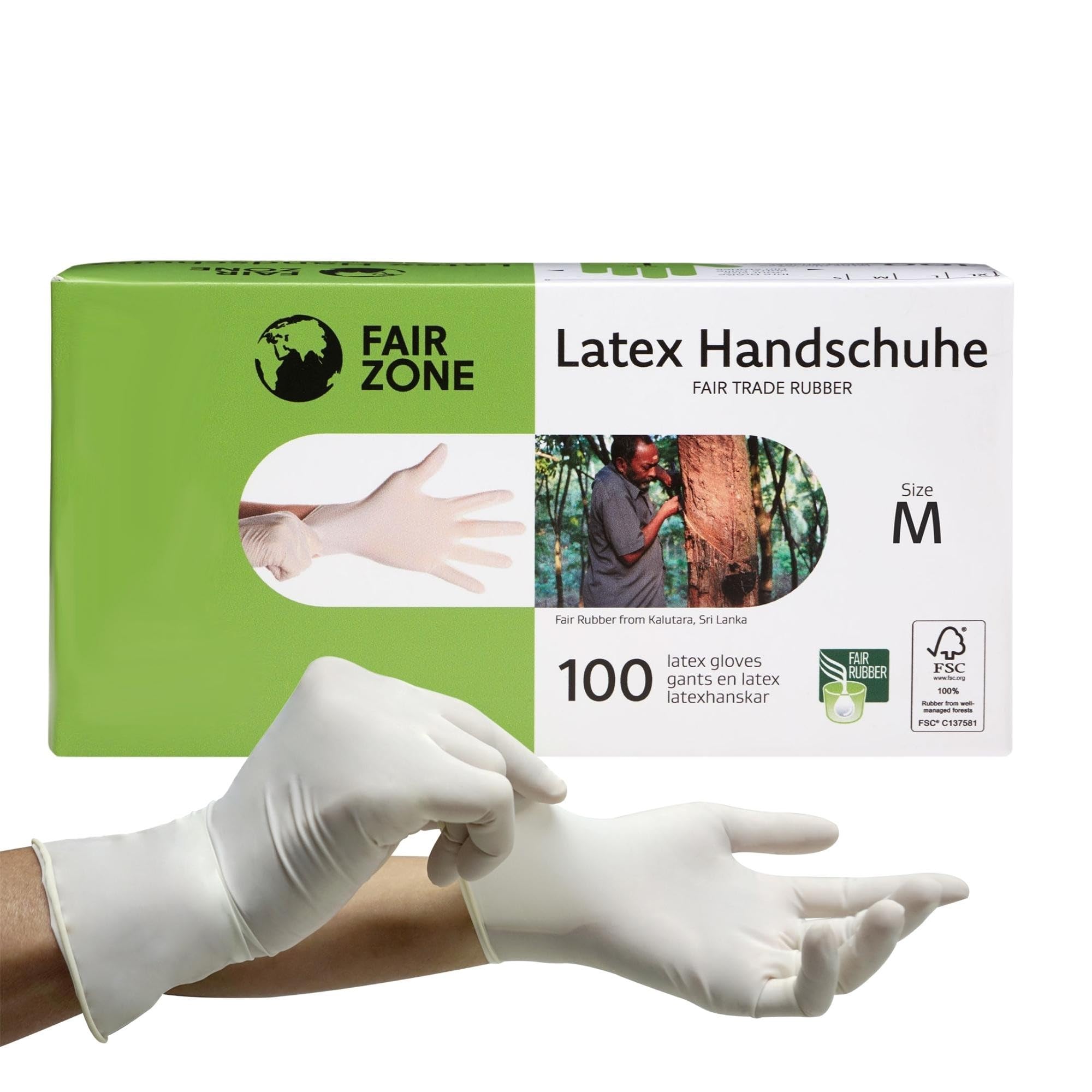 FAIR ZONE Latex Einweghandschuhe M 100 Stück – Latex Handschuhe Puderfrei Nachhaltig & Fairtrade – Latexhandschuhe Umweltfreundlich & Plastikfrei bei Günstiger Preis