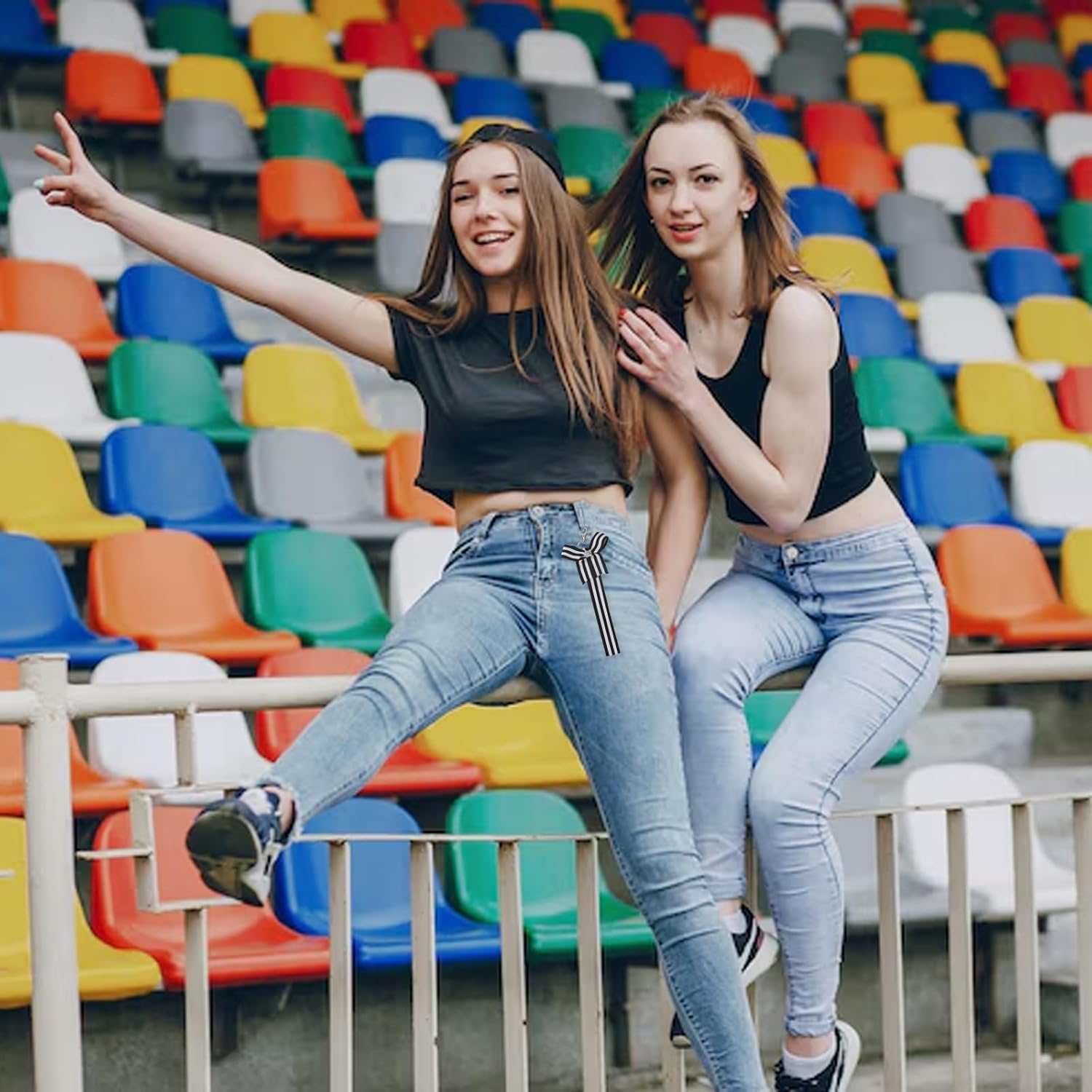 Threetols Cheerleader Ribbon Keychain Stripe Glitter Cheer Pin Me Keychain for Backpack School Bag - Image 5