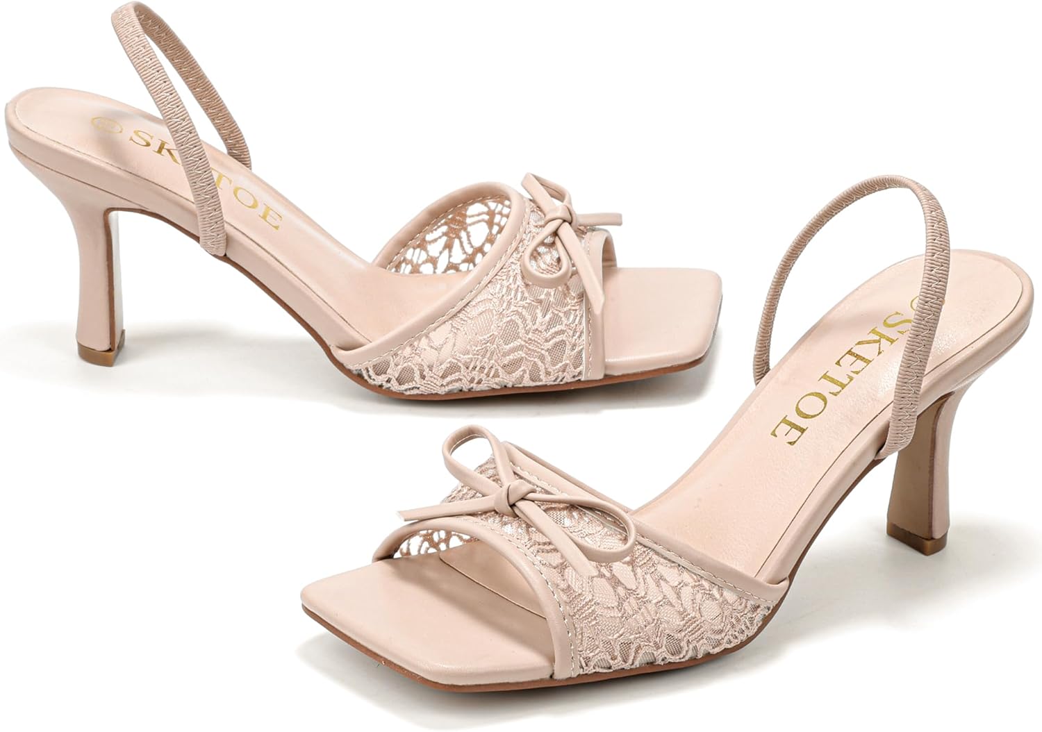 Kitten Heels for Women Square Toe Mesh Sandals Bow Knots Heels Open Toe Sandals for Women Comfortable Dressy Shoes for Wedding Party - Image 4