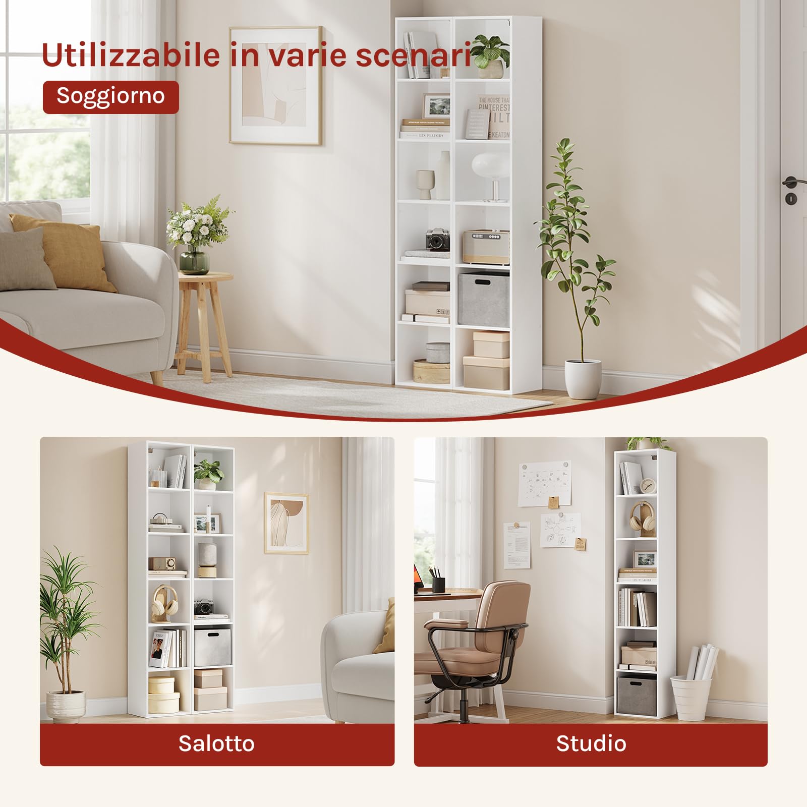 WOLTU Libreria Verticale a 6 Cubi, Scaffale Alto e Stretto a Colonna, Porta CD e Libri, Mobile Bianco Moderno per Camera, Soggiorno e Ufficio, 30x24x158,5cm SK003ws6