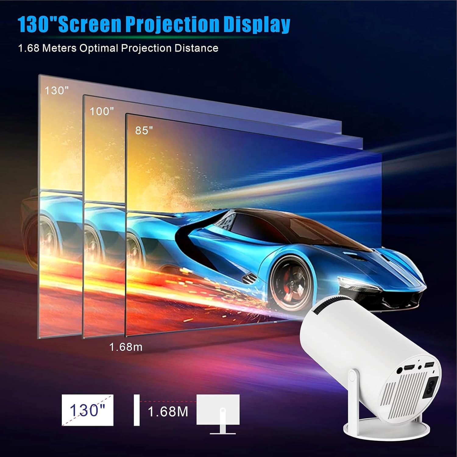 HY300 Pro projector showing different screen sizes at 1.68 meters distance