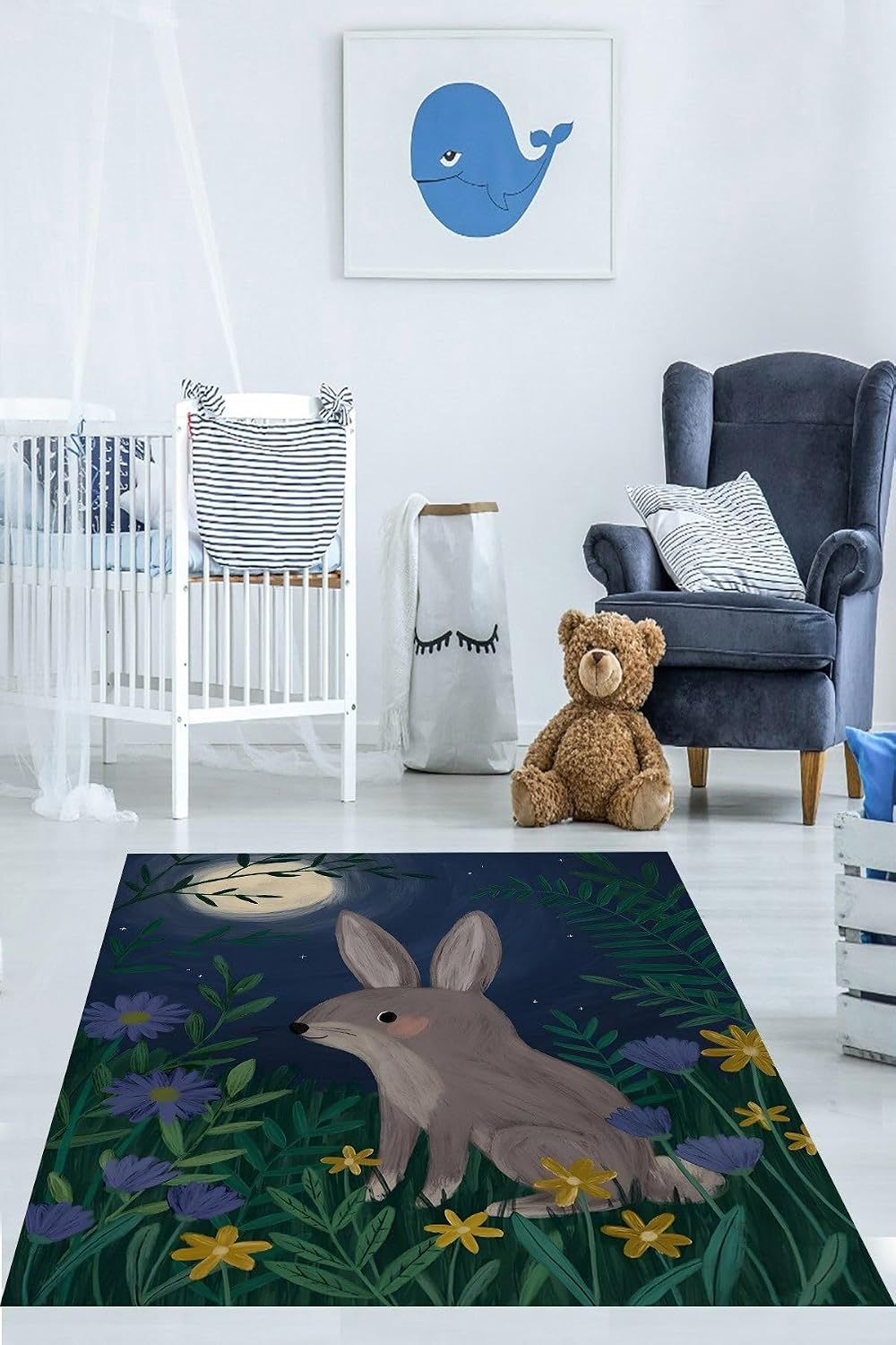 Pelangi Ormandaki Tavşan ve Ay Işığı İskandinav Yıkanabilir Kaymaz Taban Leke Tutmaz Çocuk Odası Halısı, Lacivert-Gri-Yeşil 80 x 250, 764209208025005