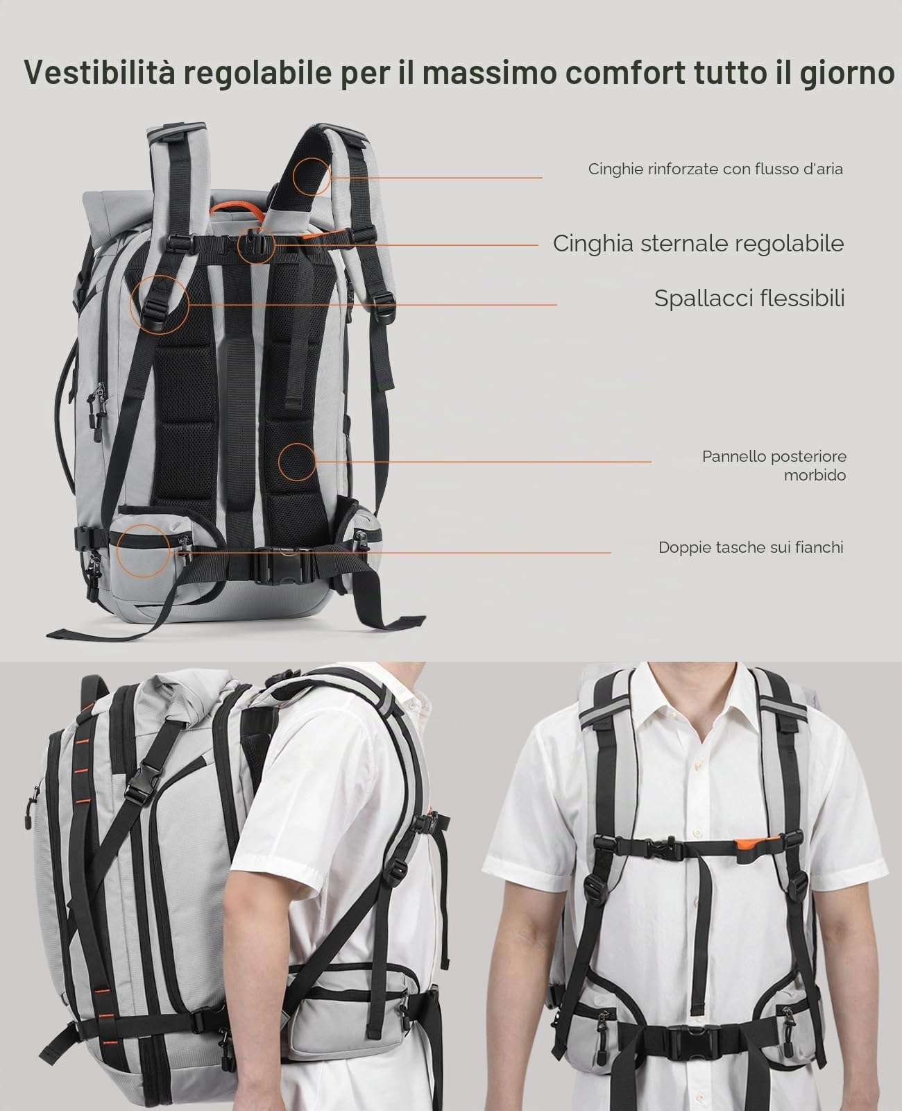 Tolaccea Zaino da Viaggio Espandibile 40L-55L, Bagaglio a Mano Compatibile con TSA, Zaino Rolltop Porta PC fino a 17,3", Grande Zaini Viaggio per Uomo e Donna, Escursioni, Campeggio