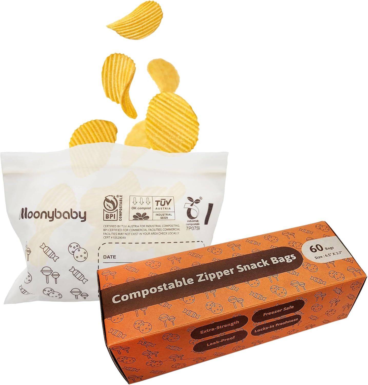Moonybaby Compostable Snack Size Food Storage Bags (60 Count), Organic Food Storage Container with Food-Safe Zip Seal, Freezer and Leak Proof