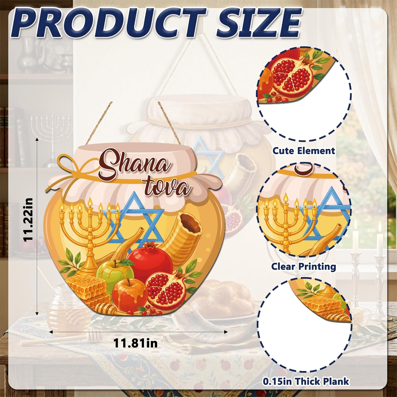 Rosh Hashanah Door Sign, Jewish New Year Decorations, Shana Tova Hanging Sign with Rope, Festive Apple Honey & Shofar Design for Home, Classroom, Synagogue, and Holiday Party Wall Decor