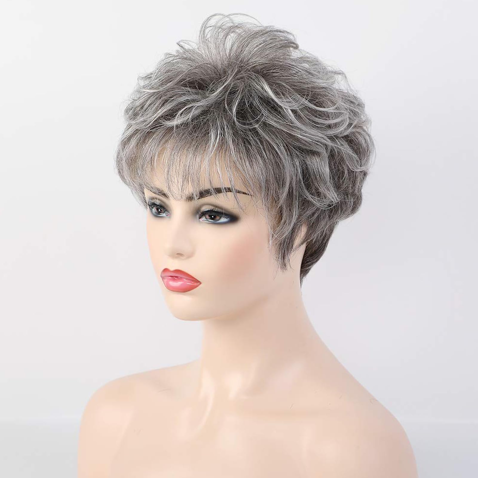 HAIRCUBE Kurze Lockige Graue Perücken für Frauen, Pixie Cut Perücke, graue, pflegeleichte Echthaarperücken für Frauen