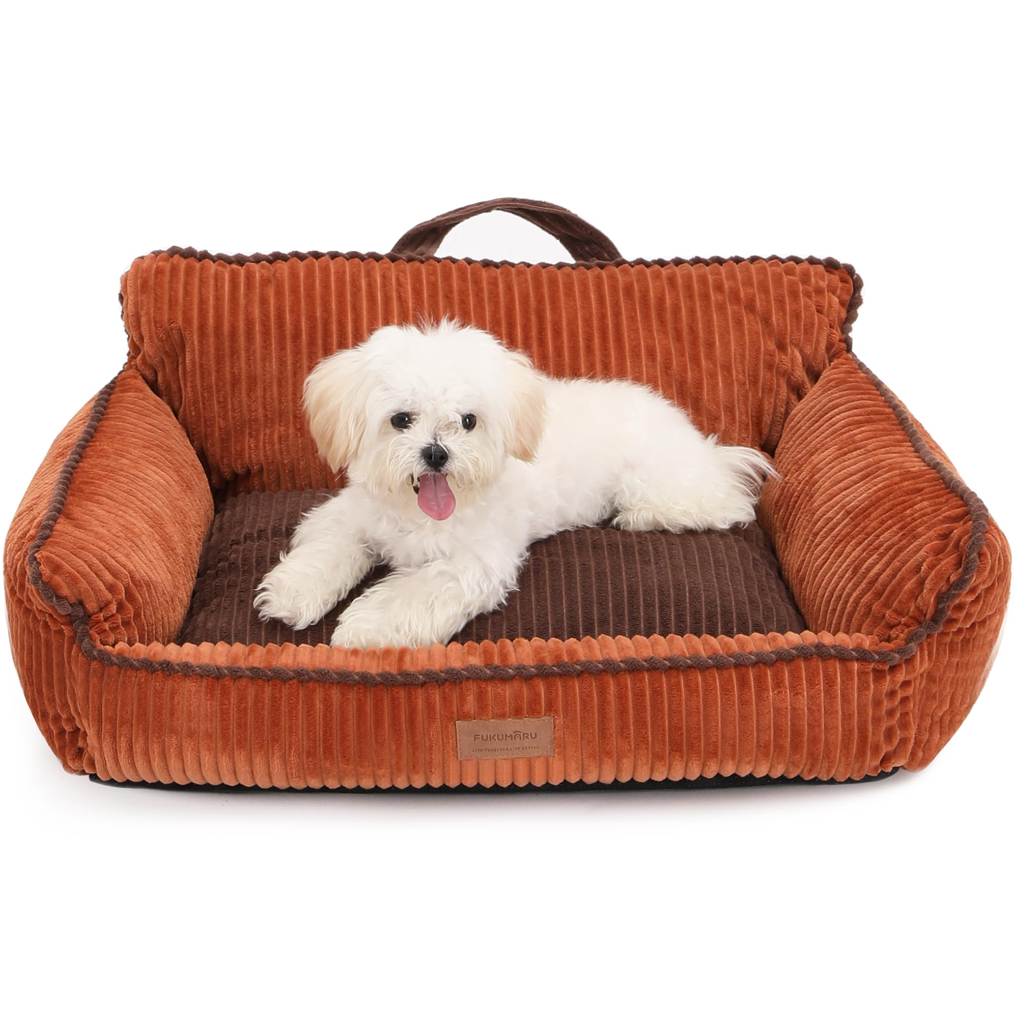 FUKUMARU Katzenbett, weiches Katzensofa aus geripptem Samt, 71 cm, waschbarer Bezug, wasserfest, Tragegriff und rutschfeste Unterlage für Katzen und kleine Hunde, orange