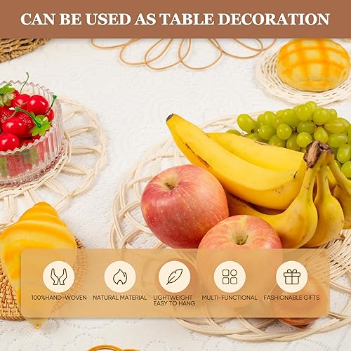 Vista 18 de Juego de 6 cestas de pared bohemias – Decoración de pared tejida para colgar, cesta tejida hecha a mano, redondas, planas, arte de pared