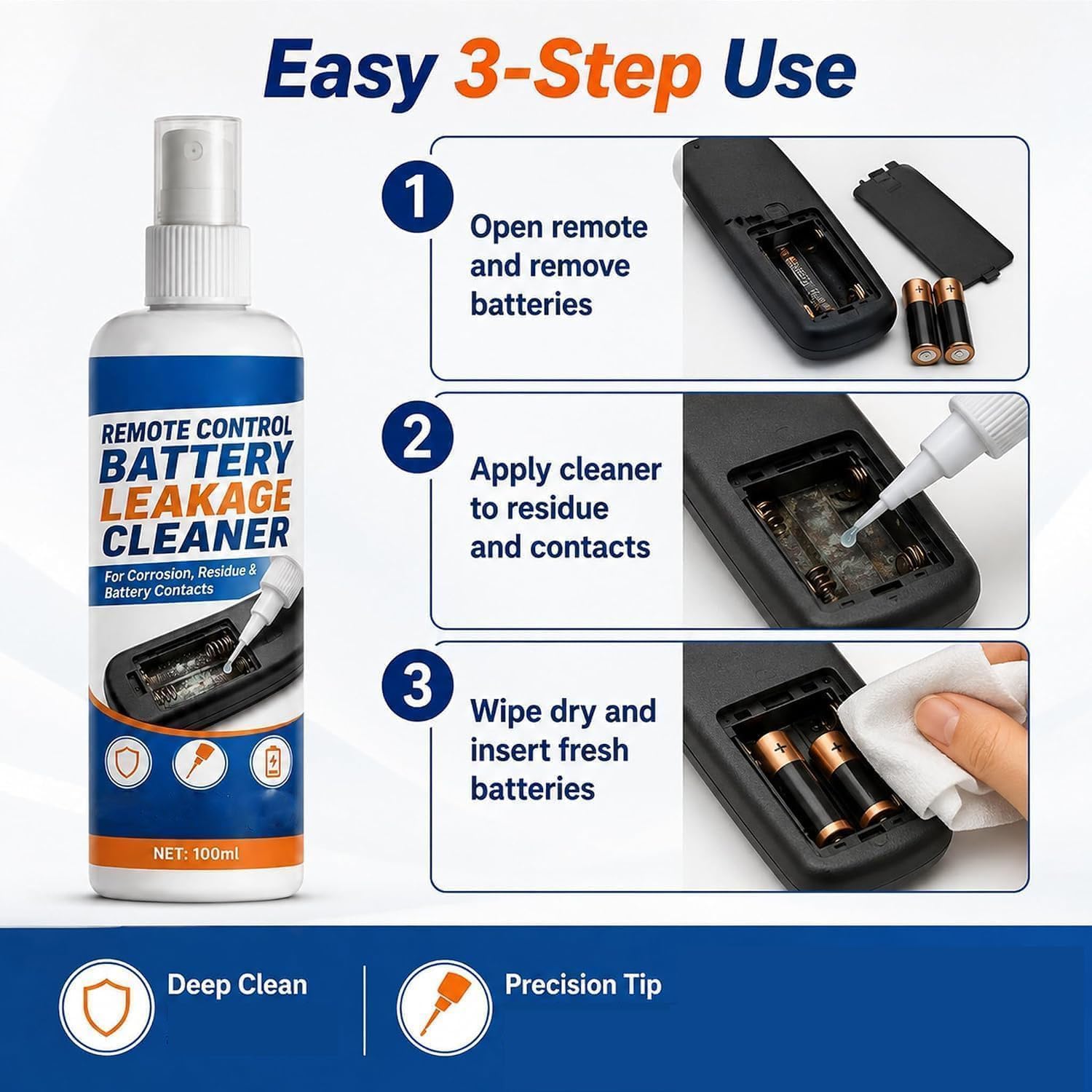 Battery Leakage Cleaner Spray for Remote Contacts, Battery Terminal Spray 100ml, Electrical Contact Cleaner, Safe for Battery Contacts, Deep Clean and Protect，2pcs