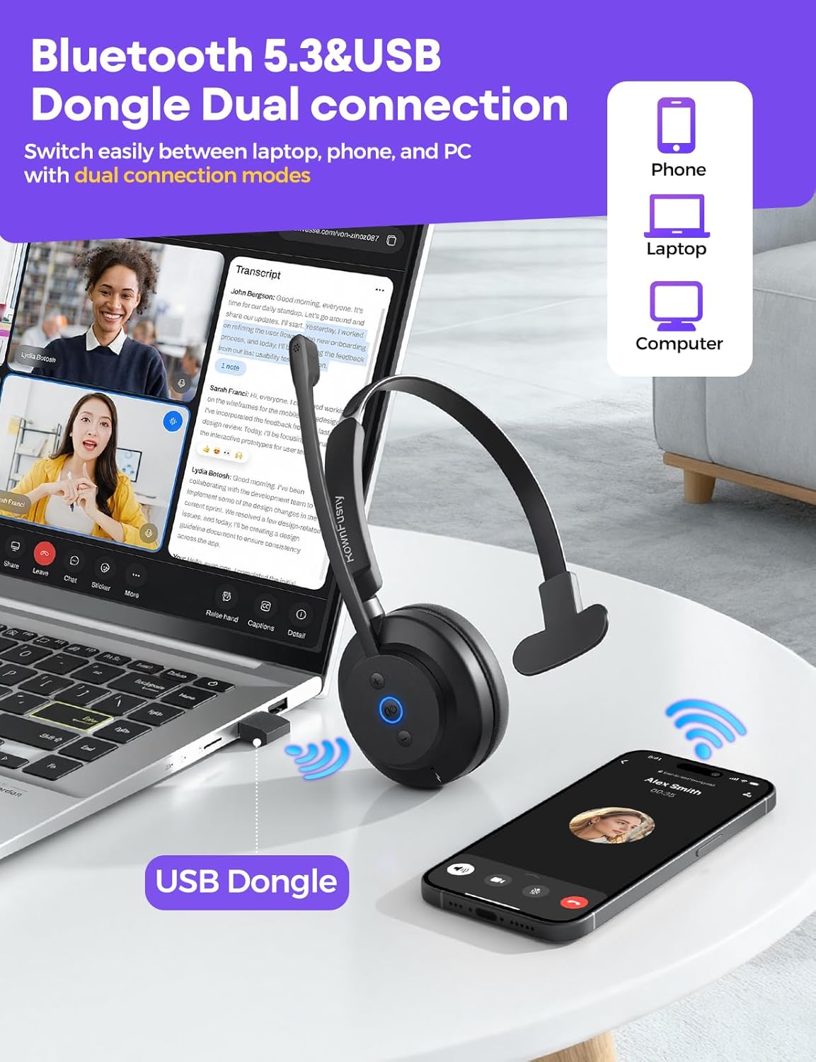 Wireless Headset with Mic for Work, Clear Sound & Comfortable Computer Headset with Microphone, Bluetooth Headset with Charging Base & USB Dongle for Home/CallCenter/Teams/Zoom/Skype(Black) - Image 3