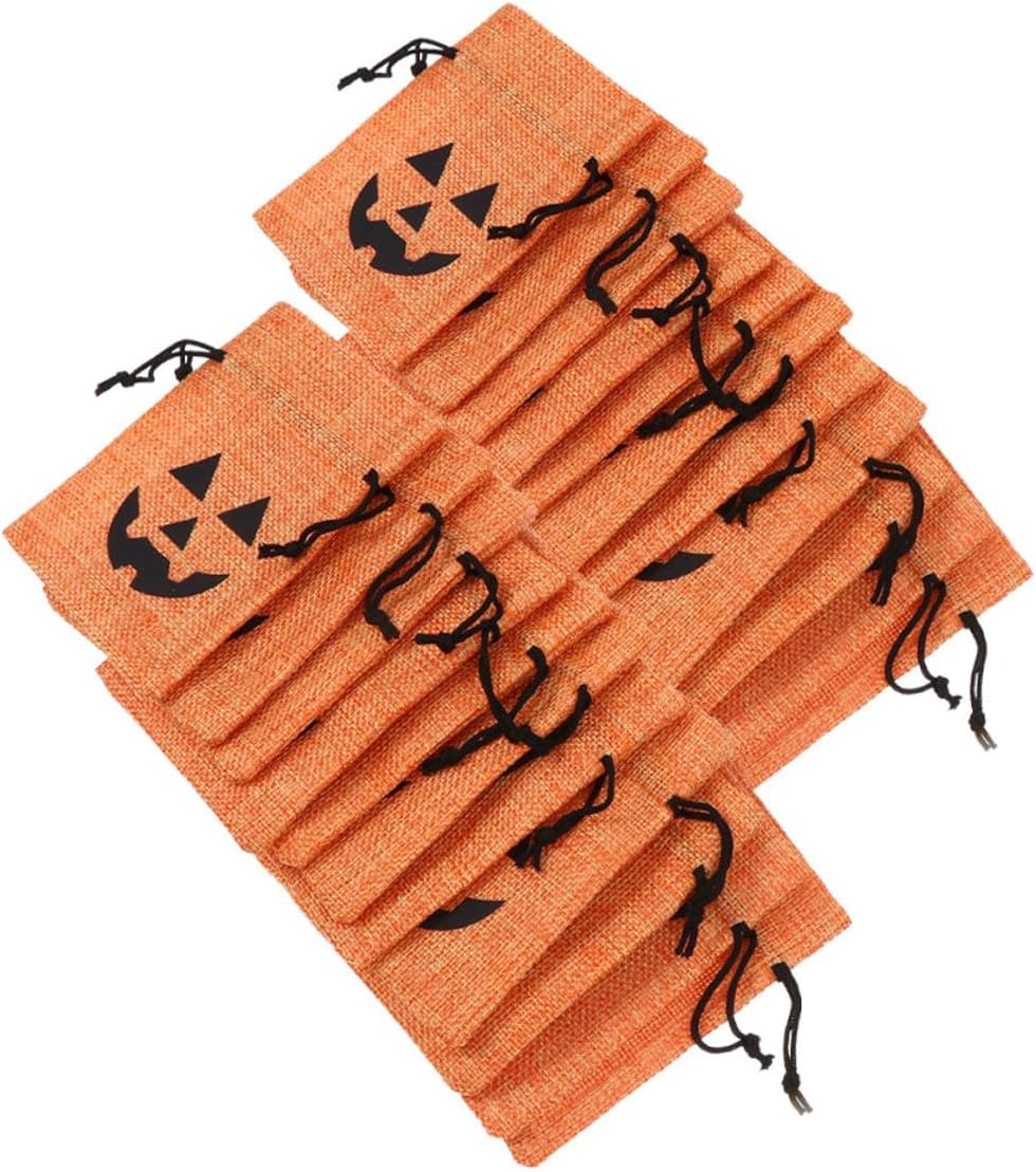 FUNOMOCYA 50pcs Halloween Drawstring Goodie Bags Small Orange Burlap Pumpkin Treat Bags for Candy Party Favors Halloween Packaging Wrapping Supplies and Adults
