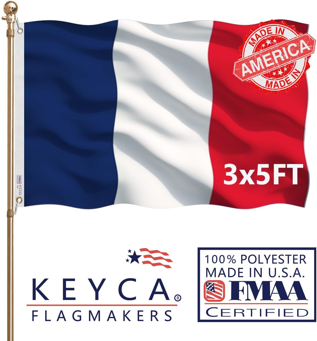 France Flag 3x5 FT 100% Made in The USA-Heavy Duty Vibrant Colors Double Sided French National Flag with 2 Brass Grommets for Home/Company/Indoor Outdoor Decoration