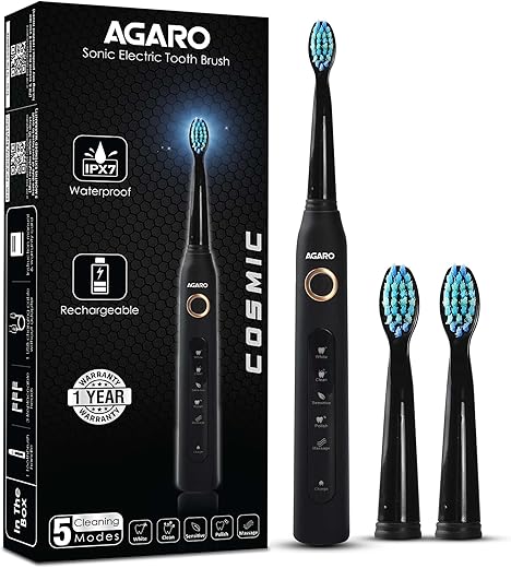 AGARO Cosmic Sonic Electric Toothbrush for Adults with 5 Modes, 3 Brush Heads & Rechargeable with 4 Hours Charge Lasting up to 25 Days, Power…