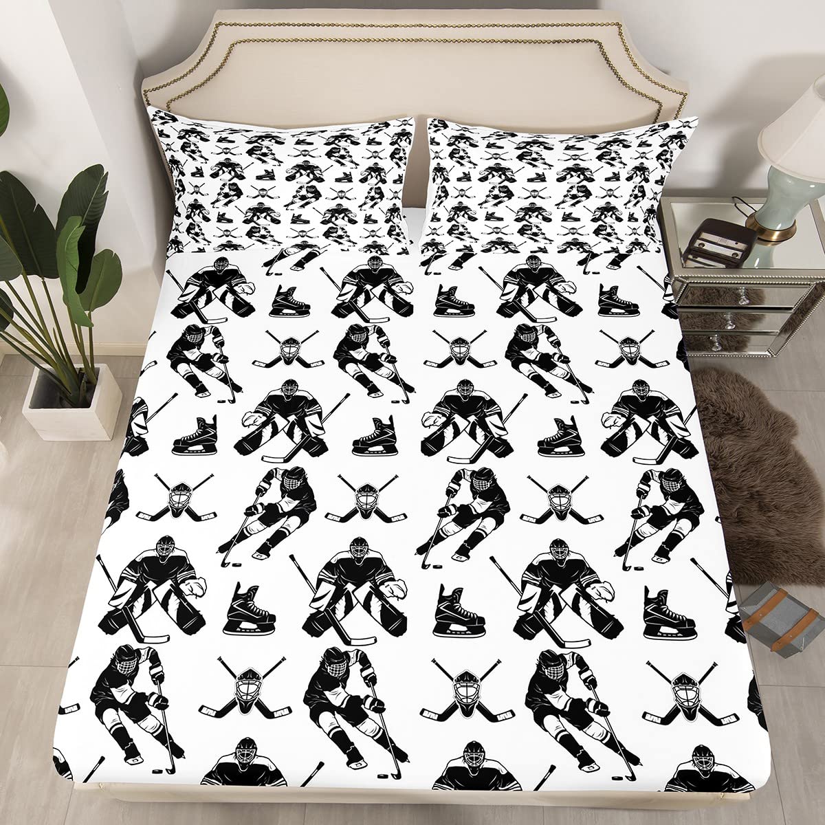 Hockey Player Lenzuolo con angoli per hockey su ghiaccio, set di biancheria da letto e bambini, set di lenzuola per eventi sportivi, per hobby, per uso, per letto singolo, 2 pezzi