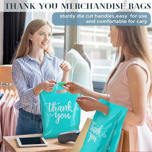 Miniatura 7 de Eersida 200 bolsas de plástico con asas de agradecimiento troqueladas, bolsas de plástico para mercancías para compras, paquete de compras al por